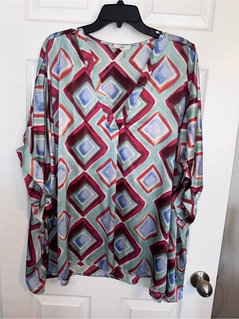 entro Multicolor Geometric V-Neck Tunic - Teal, Burgundy, Light Blue